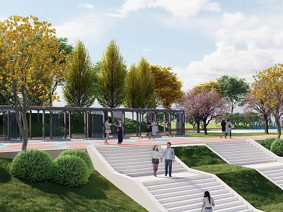 Scenic Park Landscape with Colorful Trees Green Grass Steps and People Walking Under Blue Sky 3d model