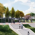 Scenic Park Landscape with Colorful Trees Green Grass Steps and People Walking Under Blue Sky