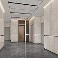 Elevator Lobby With Marble Walls Elevator Doors Floor 5 Sign And Modern Ceiling Lighting Design