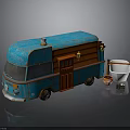 Blue Vintage Food Truck Exterior Design With White Containers And Small Bowl