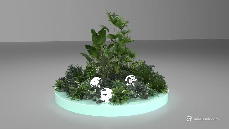 Light Green Circular Base Photo Check In Spot With Green Plants And White Spherical Decorations 3d model 