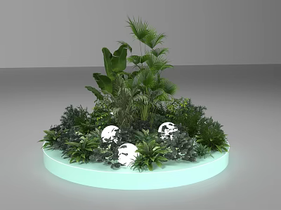Light Green Circular Base Photo Check In Spot With Green Plants And White Spherical Decorations 3d model