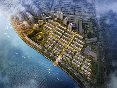 Comprehensive Aerial View Urban Planning With Waterfront Residential Zone Green Spaces And Organized Layout 3d model