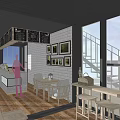 Modern Café Interior With Large Windows Wooden Walls Long Table Metal Chairs GreenToned Painting Bookshelves