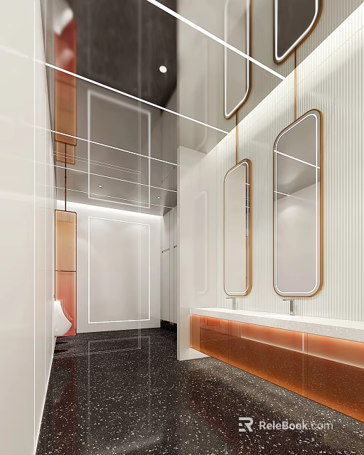 Modern Public Restroom Interior Design With White Walls Orange Accents Large Mirrors And Washbasins 3d model 