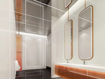 Modern Public Restroom Interior Design With White Walls Orange Accents Large Mirrors And Washbasins 3d model