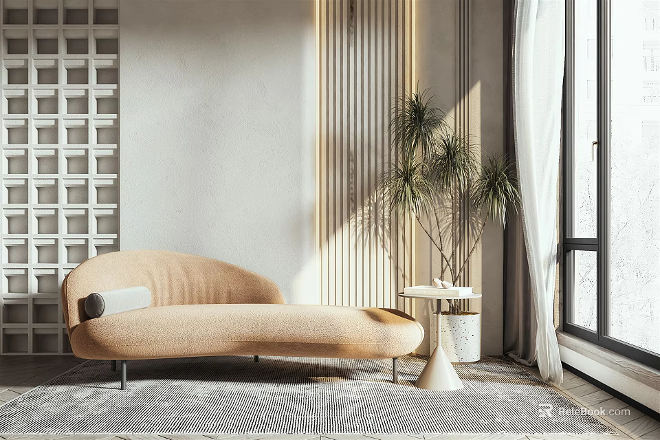 Modern Beige Chaise Lounge Interior With Side Table Palm Plant And Window Curtains 3d model 