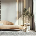 Modern Beige Chaise Lounge Interior With Side Table Palm Plant And Window Curtains