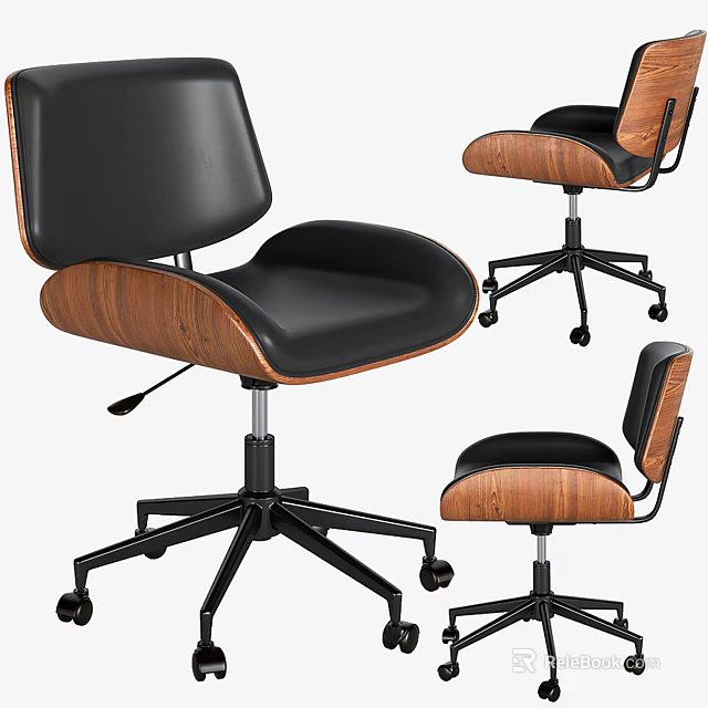 Modern Office Chair With Black Leather Seat Wooden Backrest And Swivel Base With Wheels 3d model 
