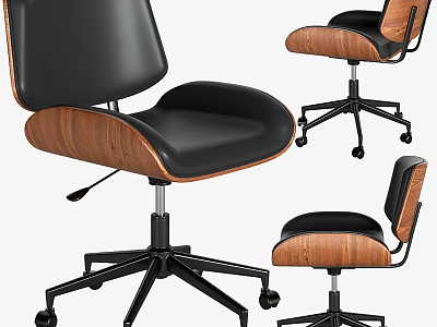 Modern Office Chair With Black Leather Seat Wooden Backrest And Swivel Base With Wheels 3d model