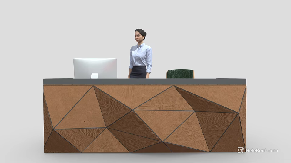 Front Desk Reception With Geometric Brown Design White Computer Monitor Green Chair And Woman Standing 3d model 