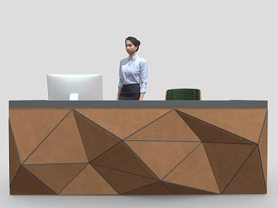 Front Desk Reception With Geometric Brown Design White Computer Monitor Green Chair And Woman Standing 3d model