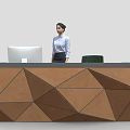 Front Desk Reception With Geometric Brown Design White Computer Monitor Green Chair And Woman Standing