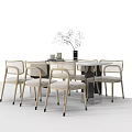 Modern Dining Table Set with Six Light Colored Chairs and Decorative White Branch Vase 3d model
