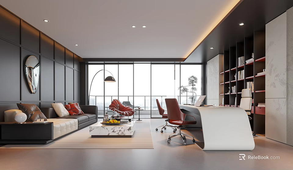 Modern Office Open Layout With Sofa Desk Floor To Ceiling Windows Bookshelf And Red Chairs 3d model 