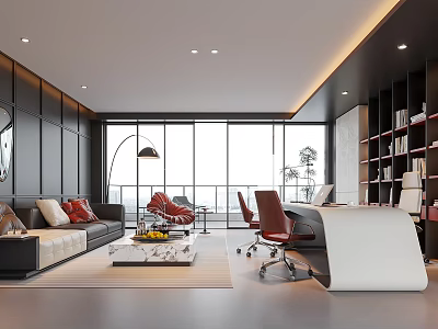 Modern Office Open Layout With Sofa Desk Floor To Ceiling Windows Bookshelf And Red Chairs 3d model