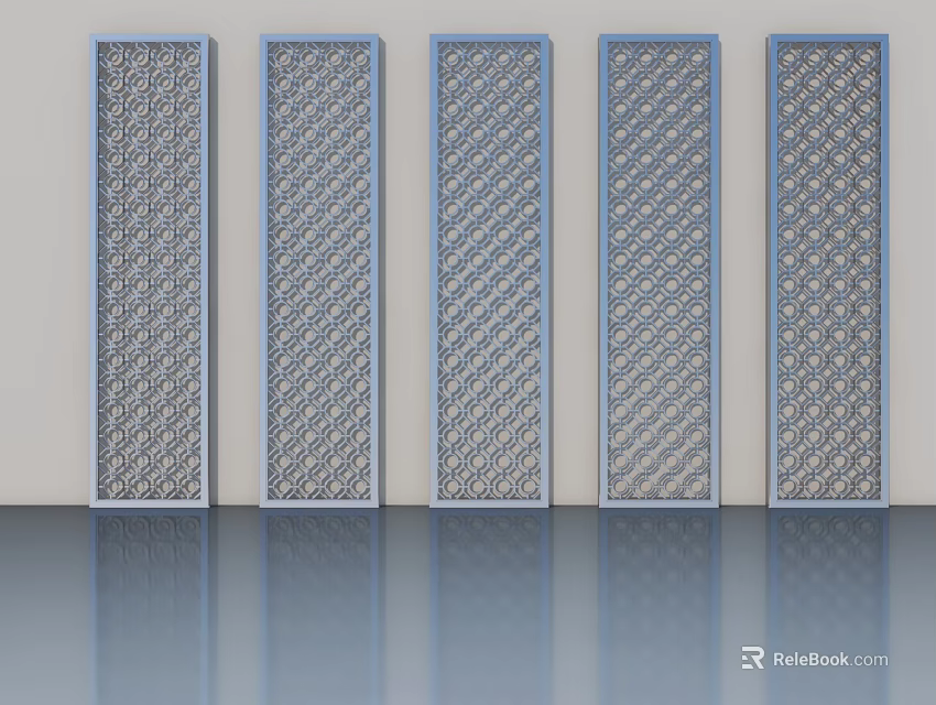 Modern Hinged Doors With Grid Pattern And Silver Metal Frames In Row 3d model