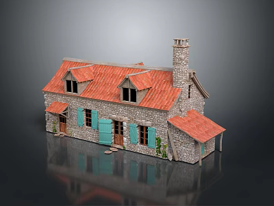 Traditional Country Cottage With Red Roof Stone Walls Chimney Green Shutters And Small Porch 3d model