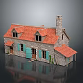 Traditional Country Cottage With Red Roof Stone Walls Chimney Green Shutters And Small Porch