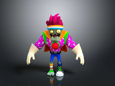 Cartoon Zombie Character With Pink Spiky Hair Colorful Headband And Purple Patterned Shirt 3d model