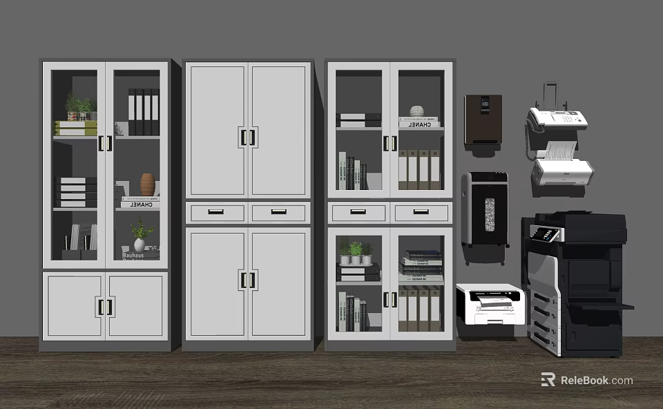 White Office Bookcases With Glass Doors Drawers Files And Green Plants Storage 3d model 