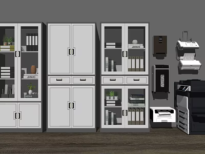 White Office Bookcases With Glass Doors Drawers Files And Green Plants Storage 3d model
