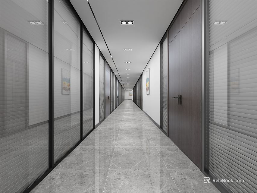 Modern Office Corridor With Glass Partitions Doors Sleek Flooring And Ceiling Lights 3d model 