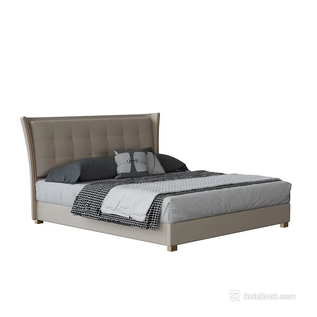 Modern Double Bed With Upholstered Beige Headboard Gray Pillows And Striped Bedspread 3d model