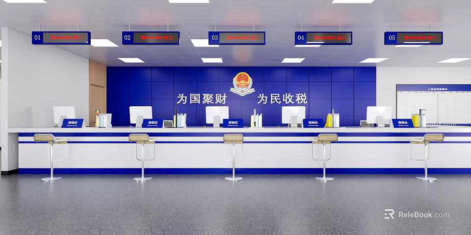 Tax Service Office Interior With Blue Wall Service Counters Computers Stools And Digital Displays 3d model 