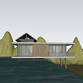 Modern Detached Villa With Wooden Roof Large Glass Windows And Water Reflection