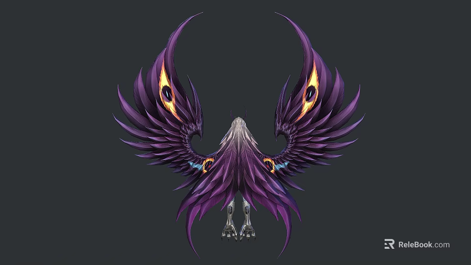 Elegant Fantasy Creature Character With Purple Feathered Wings And Glowing Eyes 3d model 