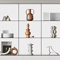 Modern Decorative Ornaments Set Featuring Geometric Shapes And Neutral Tones On White Grid Shelf