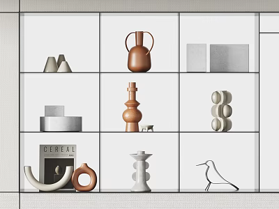 Modern Decorative Ornaments Set Featuring Geometric Shapes And Neutral Tones On White Grid Shelf 3d model