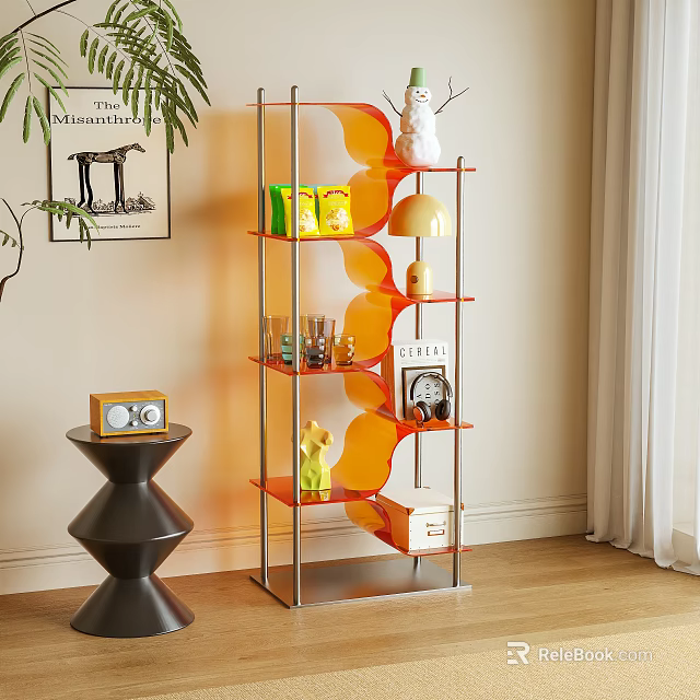 Modern Orange Bookshelf With Curved Shelves Decorative Items And Table Lamp 3d model 