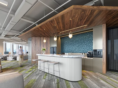 Modern Office Front Desk Reception With Wooden Ceiling Blue Mosaic Backdrop And White Curved Counter 3d model