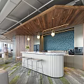 Modern Office Front Desk Reception With Wooden Ceiling Blue Mosaic Backdrop And White Curved Counter