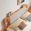 Double Bed With Striped Headboard LED Lights Bedside Tables And Wooden Floor