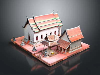 Traditional Thai Architecture Model With Intricate Roof And Red Base Platform 3d model