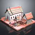 Traditional Thai Architecture Model With Intricate Roof And Red Base Platform