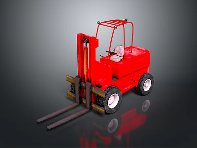 Red Industrial Forklift With Operator Cab Metal Forks And Large Wheels 3d model