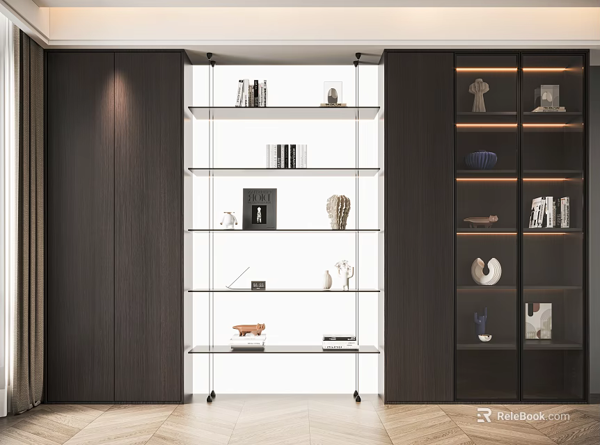 Modern Bookcase with Glass Shelves Wooden Side Cabinets Books Sculptures and Decorative Items 3d model 