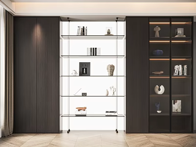 Modern Bookcase with Glass Shelves Wooden Side Cabinets Books Sculptures and Decorative Items 3d model