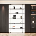 Modern Bookcase with Glass Shelves Wooden Side Cabinets Books Sculptures and Decorative Items