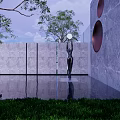Black Sculpture Holding White Sphere By Gray Stone Wall With Circular Openings Water And Greenery