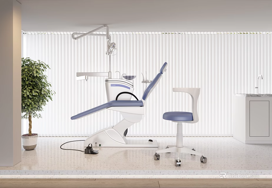 Modern Dental Clinic Interior With Blue Chair Stool White Blinds And Potted Plant 3d model 