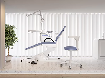Modern Dental Clinic Interior With Blue Chair Stool White Blinds And Potted Plant 3d model