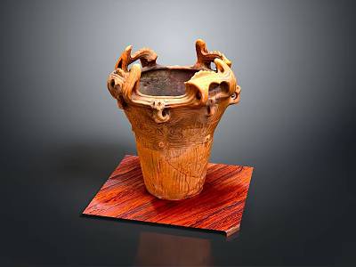 Carved Wooden Decorative Container With Animal Shaped Top On Red Wooden Base For Home Decor 3d model