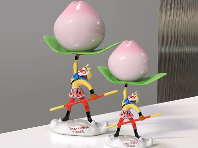 Decorative Ornament Set with Monkey Figurines Holding Staff and Pink Peach on Green Leaf Base 3d model
