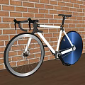 Stylish White Frame Bicycle With Blue Wheel Against Brick Wall And Wooden Floor