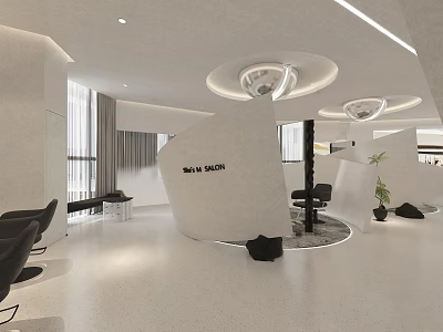 Modern Salon Interior Design With White Ambiance Black Chairs And Modern Lighting 3d model